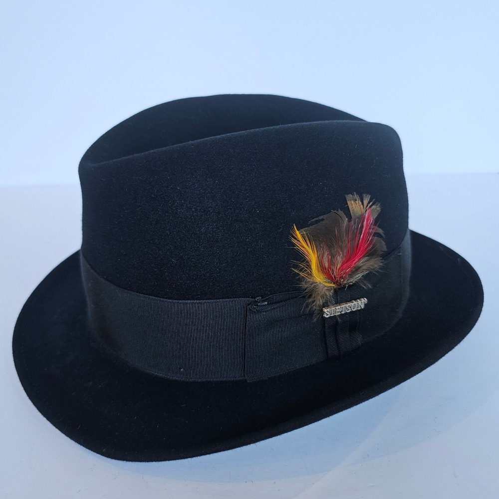 Vintage Royal Stetson‎ Black Fedora Hat sz 59 - 7 3/8 Headband Feather - M1011.2